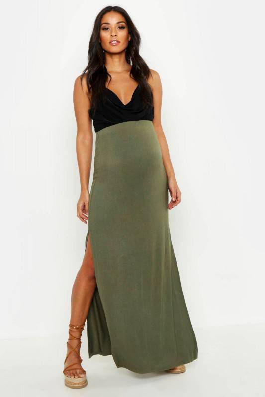 boohoo Zwangerschap Basic Jersey Maxi Rok, Kaki