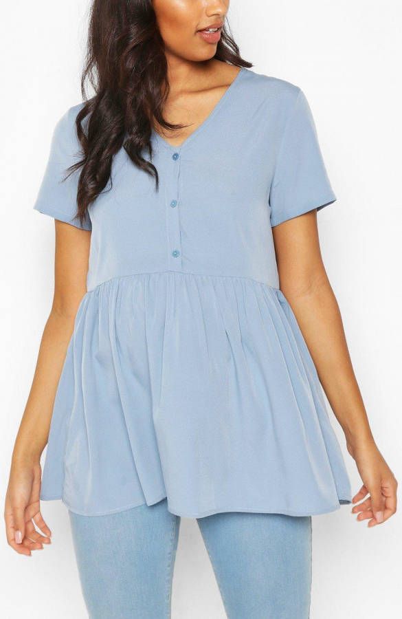 boohoo Zwangerschap Geweven Gesmokte Top Met Knoopjes, Lichtblauw