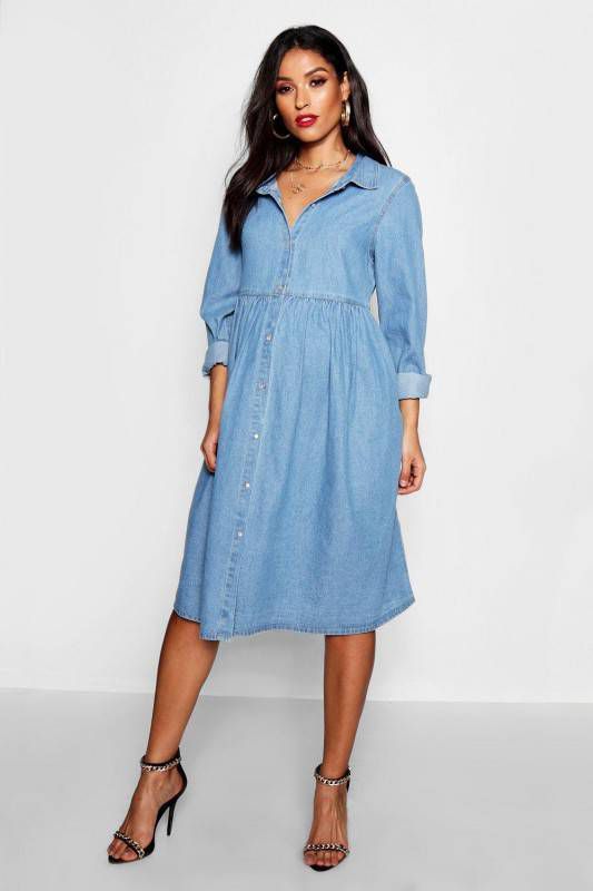 boohoo Zwangerschap Gesmokte Jurk Met Knopen, Blauw