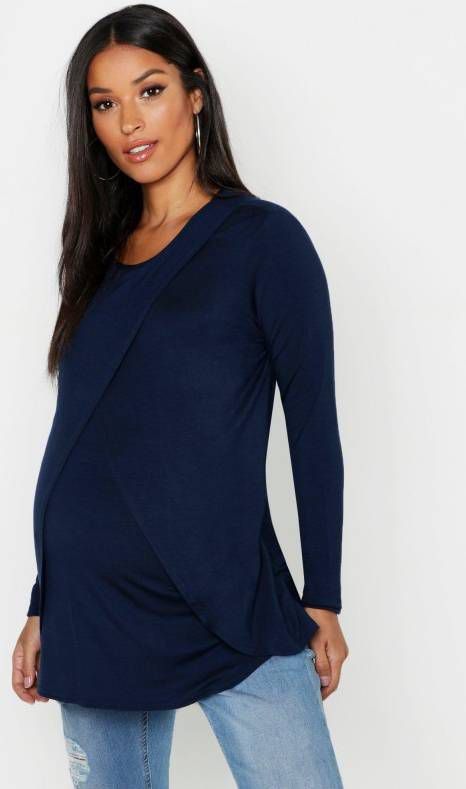 boohoo Zwangerschap Borstvoeding Top Met Lange Mouwen, Marineblauw