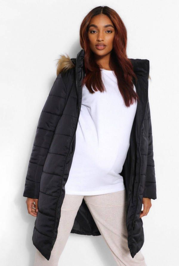 boohoo Zwangerschaps Gewatteerde Jas Met Faux Fur Zoom, Zwart