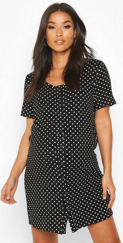 boohoo Zwangerschaps Nachtjapon Met Stippen En Knopen, Zwart