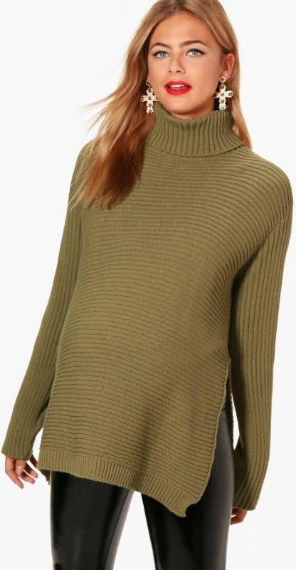 boohoo Zwangerschaps Trui Met Zijsplit En Rolhals, Kaki