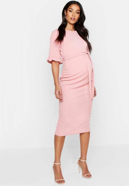 boohoo Zwangerschap Midi Bodycon Jurk Met Ruches, Rose