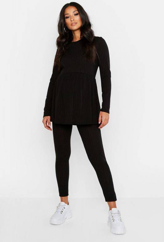 boohoo Zwangerschaps Gesmokte Lounge Set, Zwart