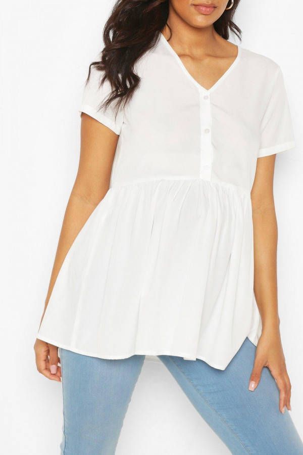 boohoo Zwangerschap Geweven Gesmokte Top Met Knoopjes, Wit