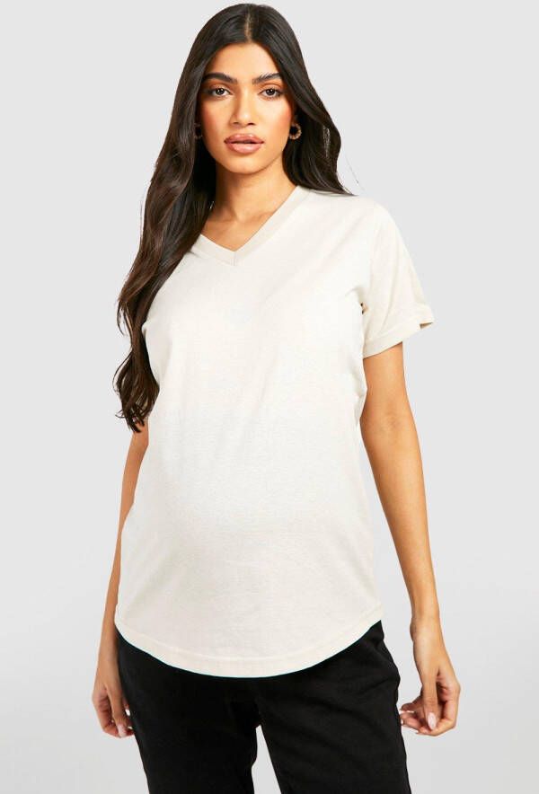 boohoo Zwangerschap Basic Katoenen T Shirt Met Diepe V Hals, Stone