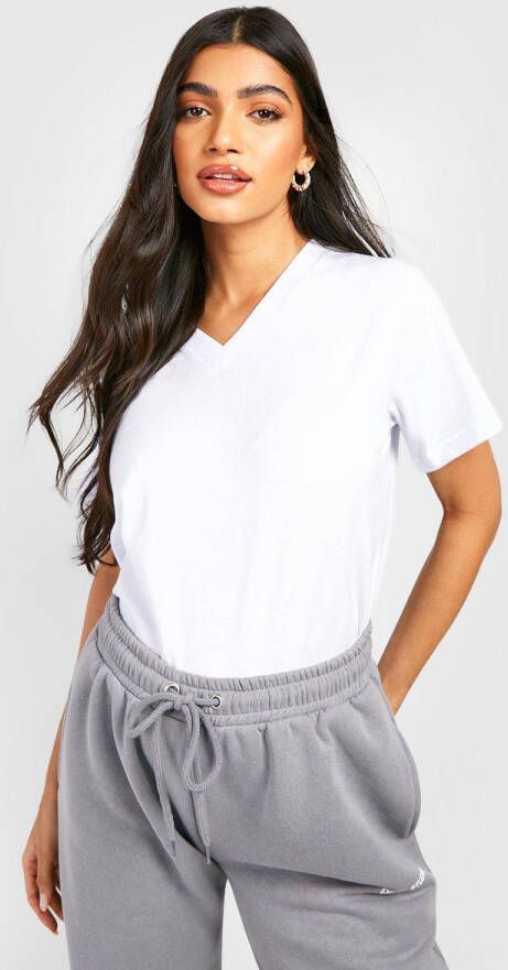 boohoo Zwangerschap Basic Katoenen T Shirt Met Diepe V Hals, White