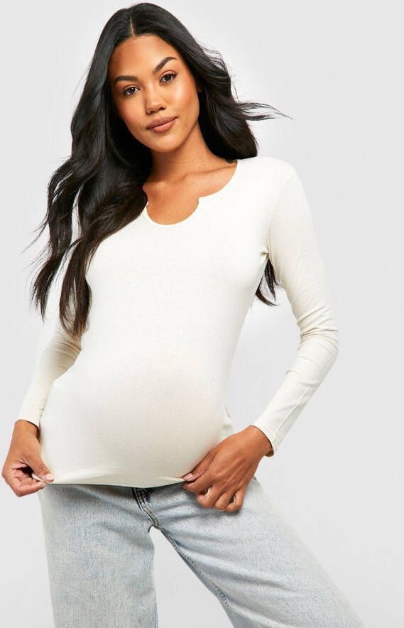 boohoo Zwangerschap Basic Top Met Hals Inkeping En Lange Mouwen, Stone