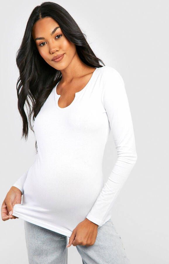 boohoo Zwangerschap Basic Top Met Hals Inkeping En Lange Mouwen, White