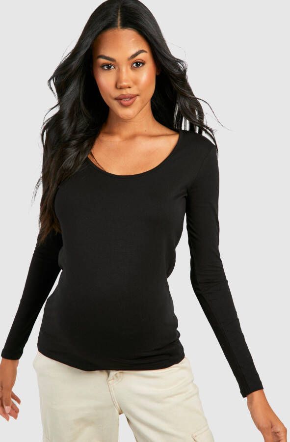 boohoo Zwangerschap Basic Top Met Lange Mouwen En Lage Ronde Hals, Black