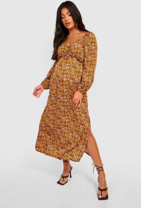 boohoo Zwangerschap Bloemen Met Pofmouwen Midaxi Jurk, Brown