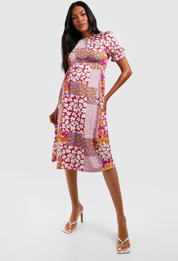 boohoo Zwangerschap Bloemen Midi Jurk Met Pofmouwen, Multi
