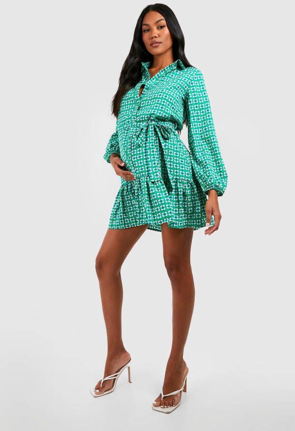 boohoo Zwangerschap Blouse Jurk Met Ceintuur En Geplooide Zoom, Green