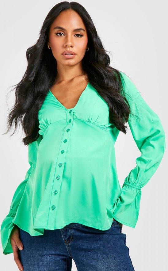 boohoo Zwangerschap Blouse Met Knopen En Wijde Mouwen, Green