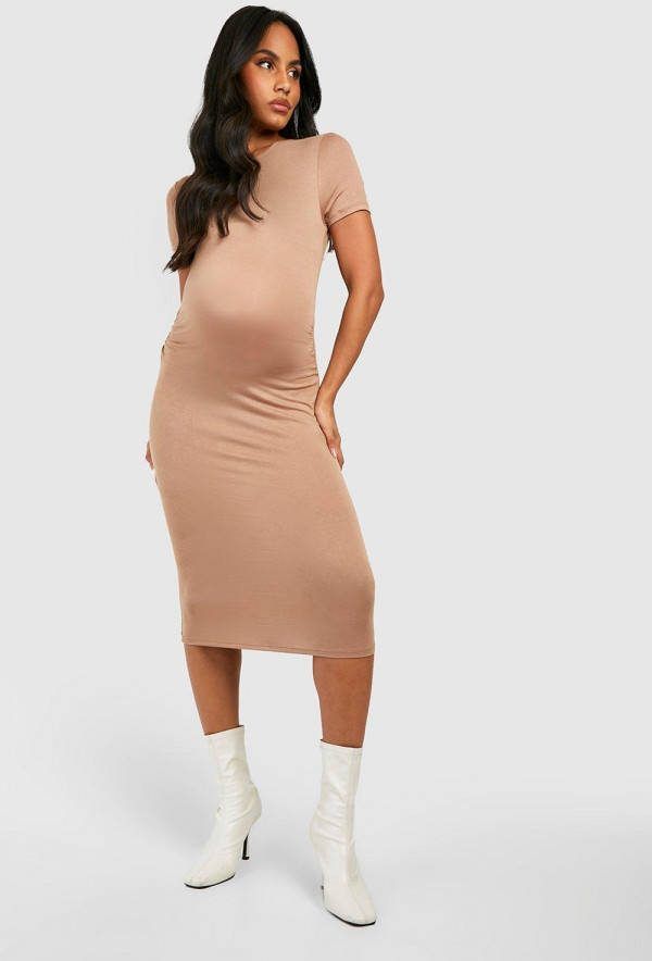 boohoo Zwangerschap Bodycon Midi Jurk Met Korte Mouwen, Camel