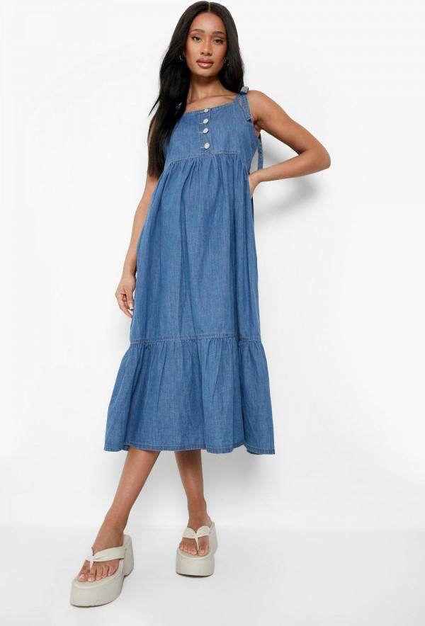 boohoo Zwangerschap Chambray Midi Jurk Met Schouderstrikjes, Mid Blue