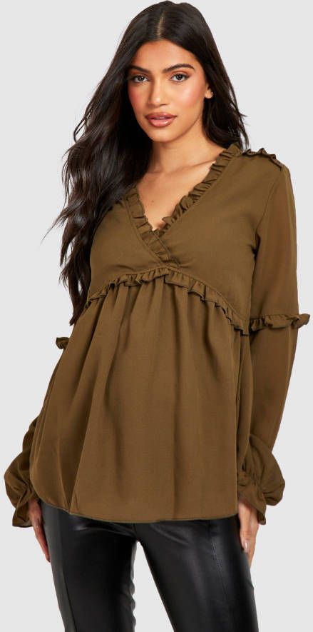 boohoo Zwangerschap Chiffon Blouse Met Ruches, Khaki