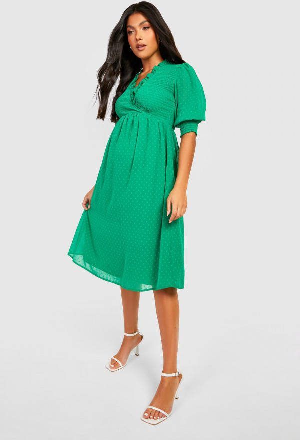 boohoo Zwangerschap Dobby Mesh Midi Wikkel Jurk, Green