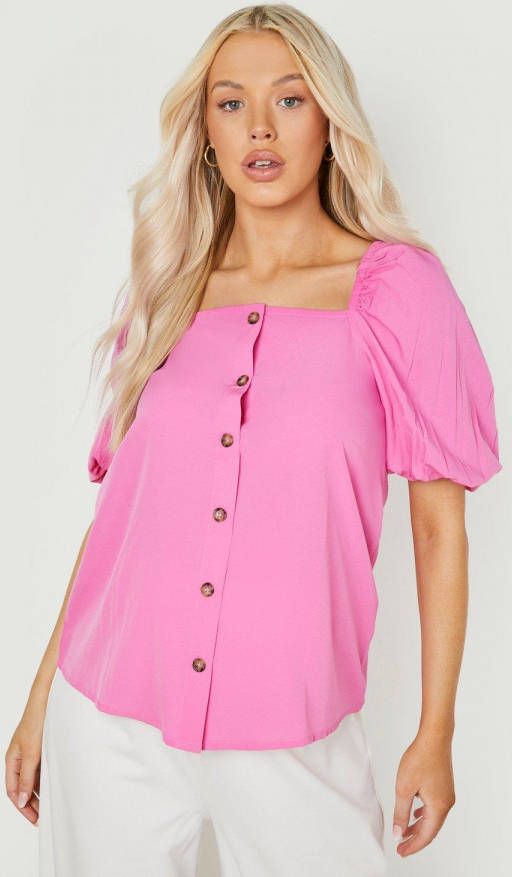 boohoo Zwangerschap Doorknoop Top Met Pofmouwen, Pink