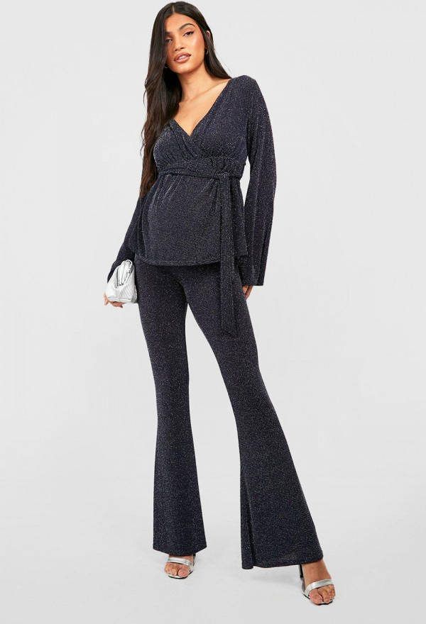 boohoo Zwangerschap Flared Glitter Broek, Blue
