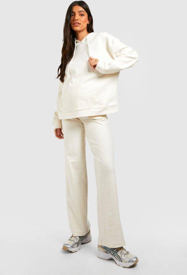 boohoo Zwangerschap Geborstelde Zachte Geribbelde Loungewear Set Met Hoodie, Cream