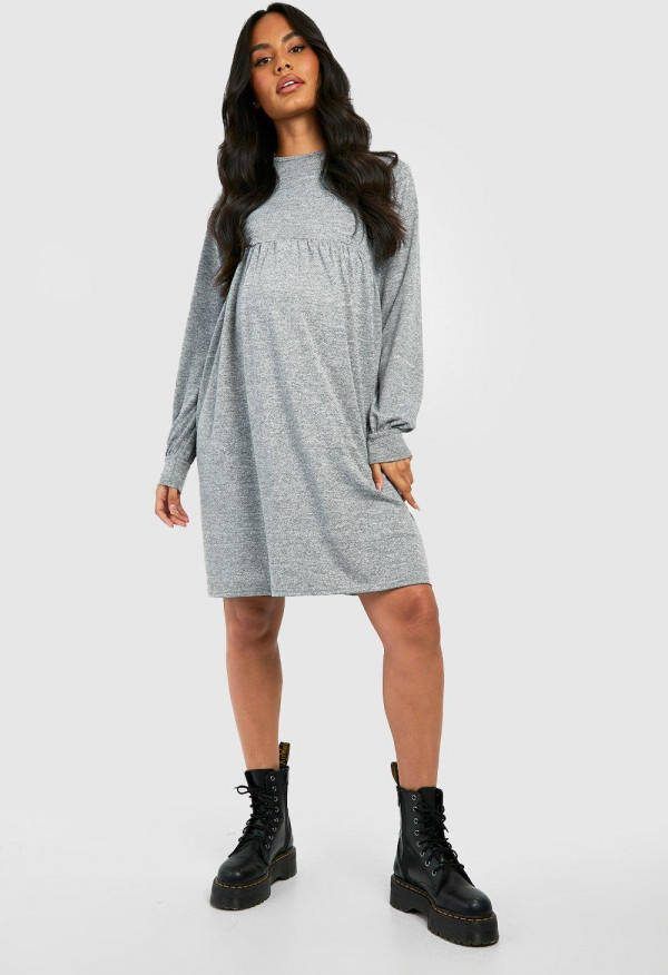 boohoo Zwangerschap Gebreide Gesmokte Melange Jurk, Grey