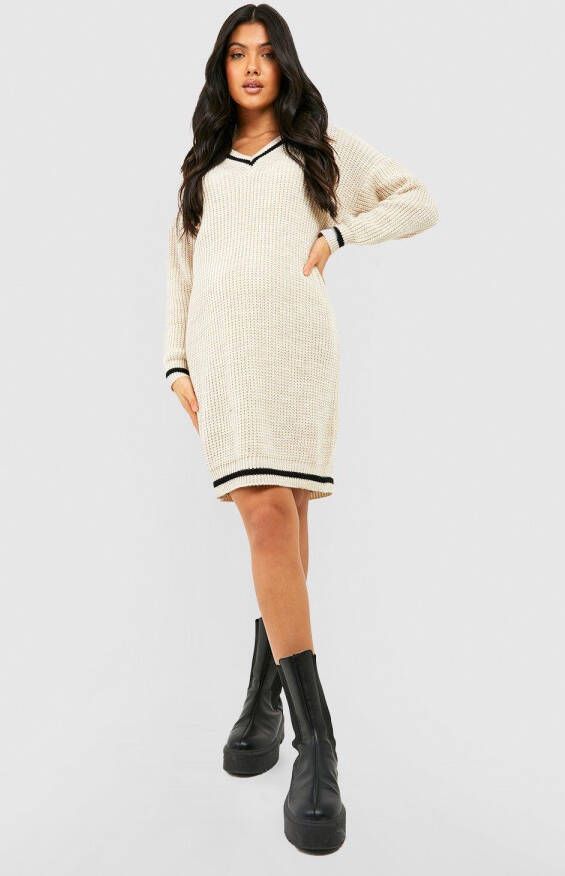 boohoo Zwangerschap Gebreide Trui Jurk Met V Hals, Oatmeal