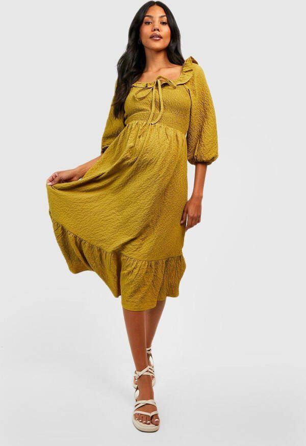 boohoo Zwangerschap Gekreukelde Geplooide Midi Jurk Met Textuur, Olive