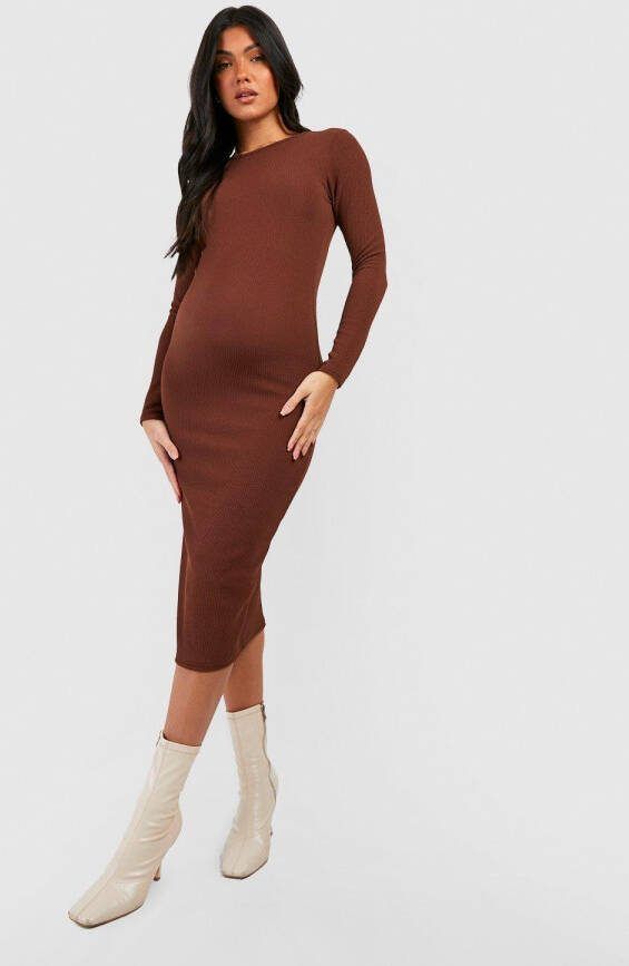 boohoo Zwangerschap Gekreukelde Geribbelde Bodycon Midi Jurk, Chocolate