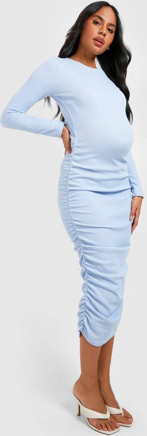 boohoo Zwangerschap Gekreukelde Geribbelde Geplooide Midi Jurk, Blue