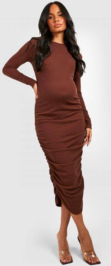 boohoo Zwangerschap Gekreukelde Geribbelde Geplooide Midi Jurk, Chocolate