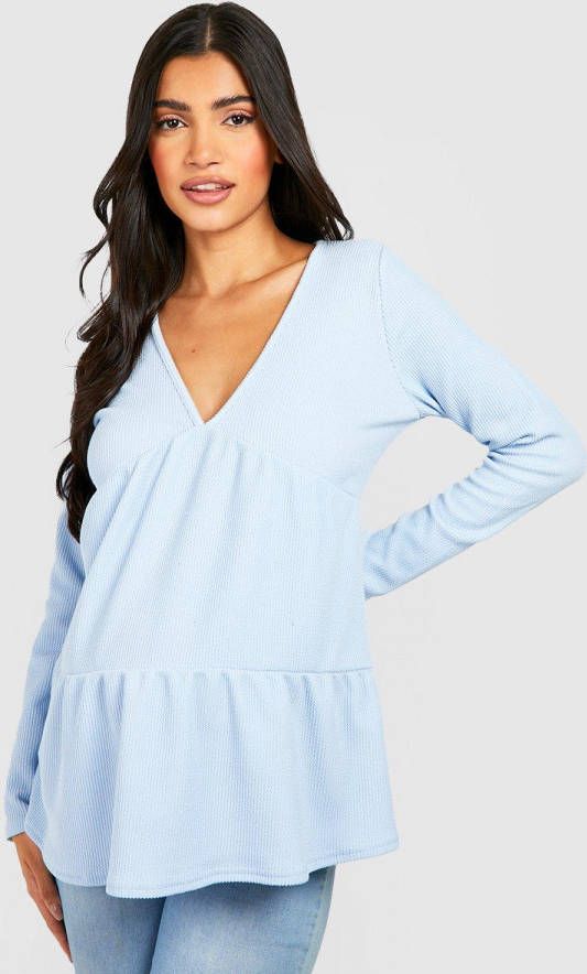 boohoo Zwangerschap Gekreukelde Geribbelde Gesmokte Top Met V Hals, Blue