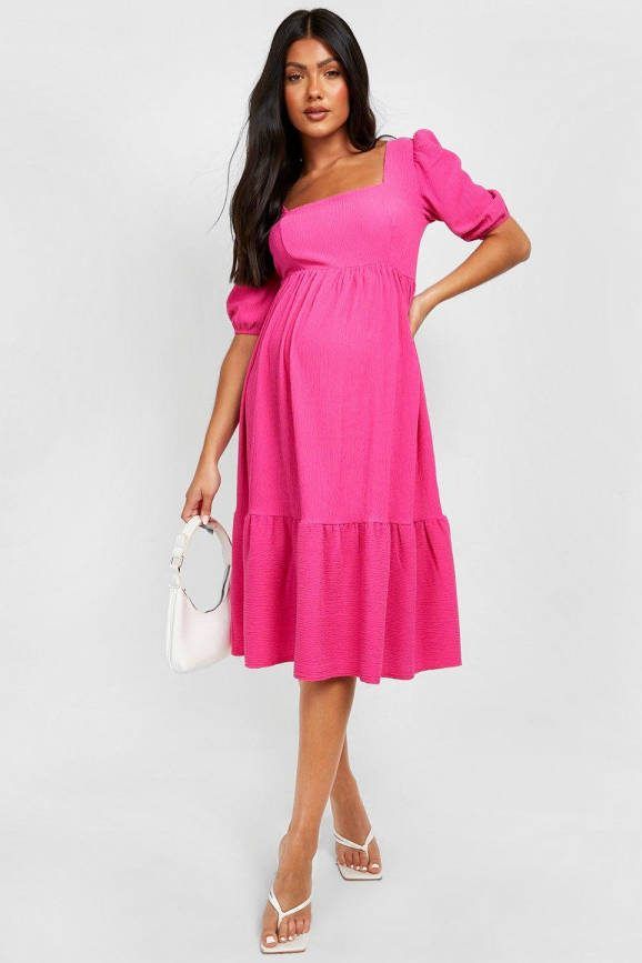 boohoo Zwangerschap Gekreukelde Midi Jurk Met Geplooide Zoom, Pink