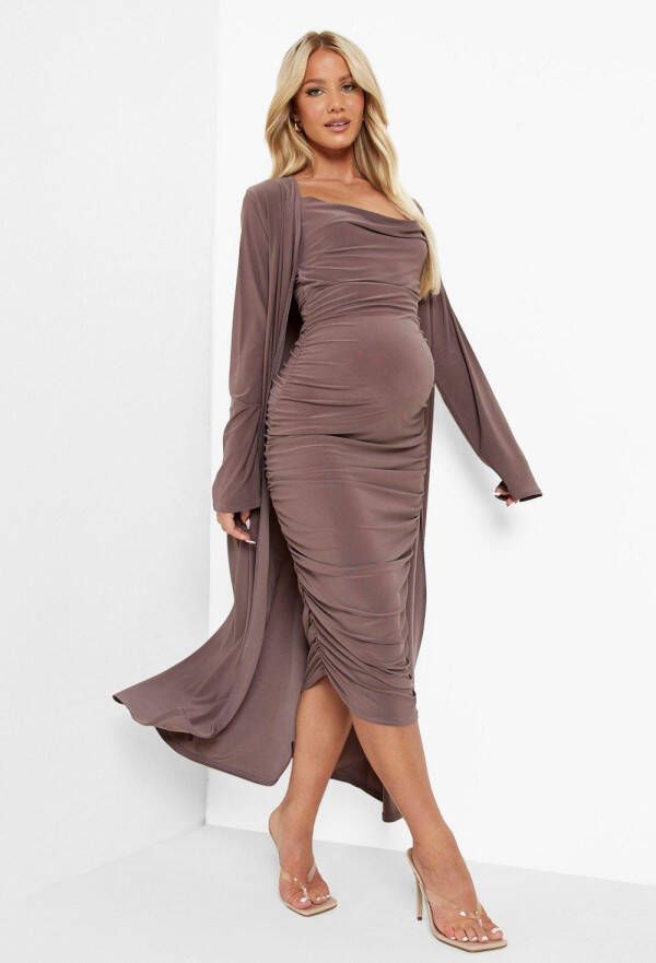 boohoo Zwangerschap Gekreukelde Peplum Top Met Geplooide Mouwen, Mocha