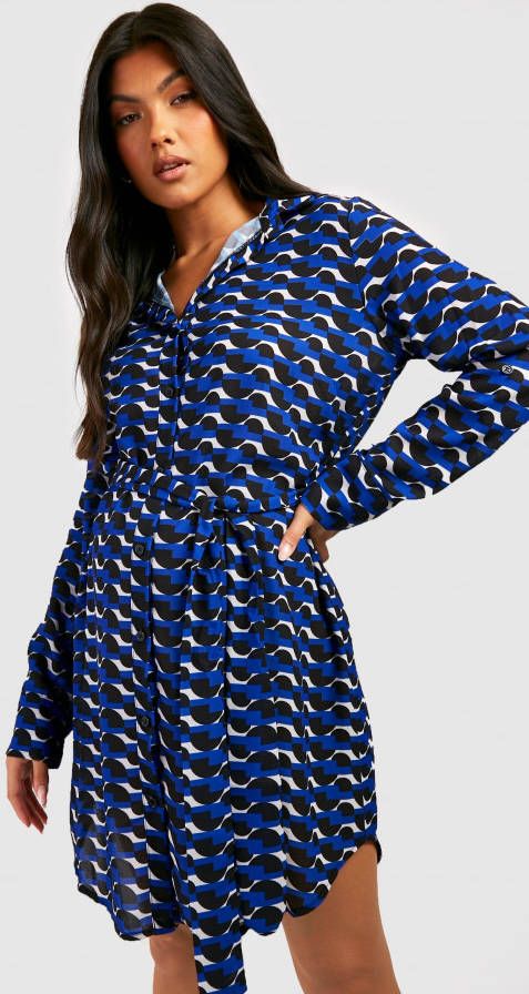boohoo Zwangerschap Geo Print Blouse Jurk Met Ceintuur, Cobalt
