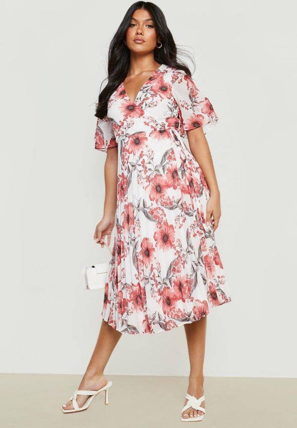 boohoo Zwangerschap Geplooide Bloemen Gelegenheids Midi Jurk, Pink