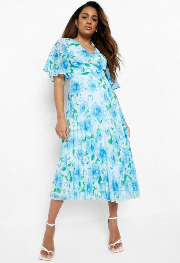 boohoo Zwangerschap Geplooide Bloemen Midi Wikkel Skater Jurk, Blue