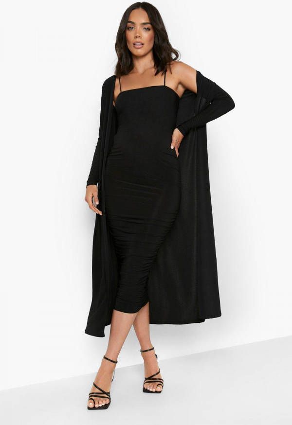 boohoo Zwangerschap Geplooide Duster Jas En Jurk Met Vierkante Hals Set, Black