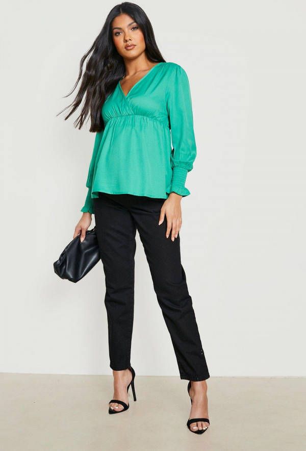 boohoo Zwangerschap Geplooide Gesmokte Wikkeltop, Green