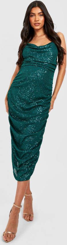 boohoo Zwangerschap Geplooide Glitter Midi Jurk Met Pailletten En Waterval Hals, Emerald