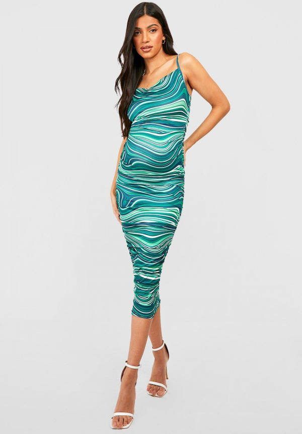 boohoo Zwangerschap Geplooide Marmerprint Midi Jurk Met Losse Col, Green