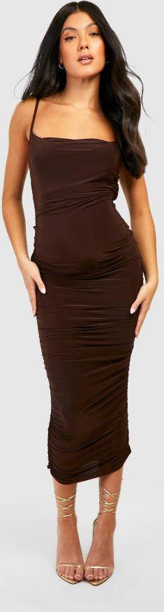 boohoo Zwangerschap Geplooide Midi Jurk Met Losse Col, Chocolate