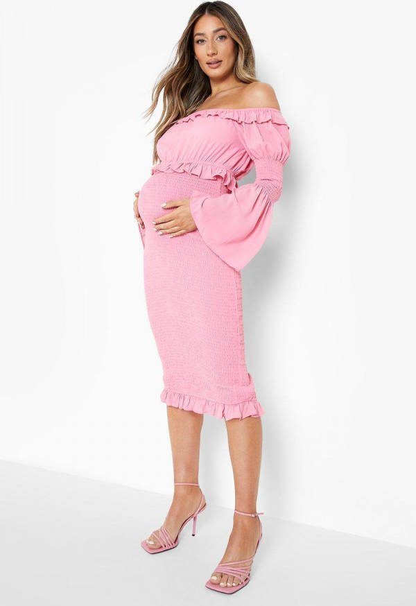 boohoo Zwangerschap Geplooide Midi Jurk Met Uitgesneden Hals En Franjes, Pink