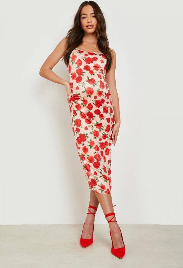boohoo Zwangerschap Geplooide Midi Jurk Met Vierkante Hals, Pink