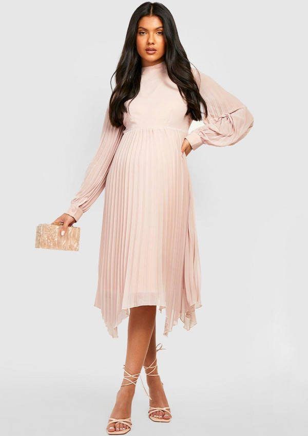 boohoo Zwangerschap Geplooide Midi Skater Jurk Met Hoge Hals, Rose