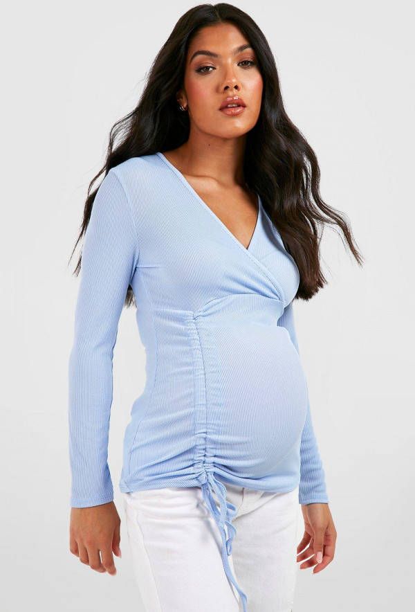 boohoo Zwangerschap Geribbeld Geplooid T Shirt Met Lange Mouwen, Blue