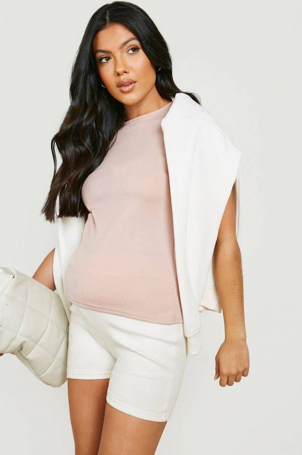 boohoo Zwangerschap Geribbeld T Shirt Met Korte Mouwen, Stone