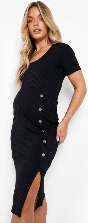 boohoo Zwangerschap Geribbeld T Shirt Met Lage Ronde Hals, Black