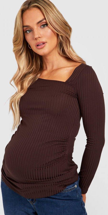 boohoo Zwangerschap Geribbelde Asymmetrische Top Met Lange Mouwen, Chocolate